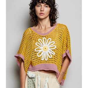 "The Gracie" Yellow/Pink Daisy Crochet Sweater